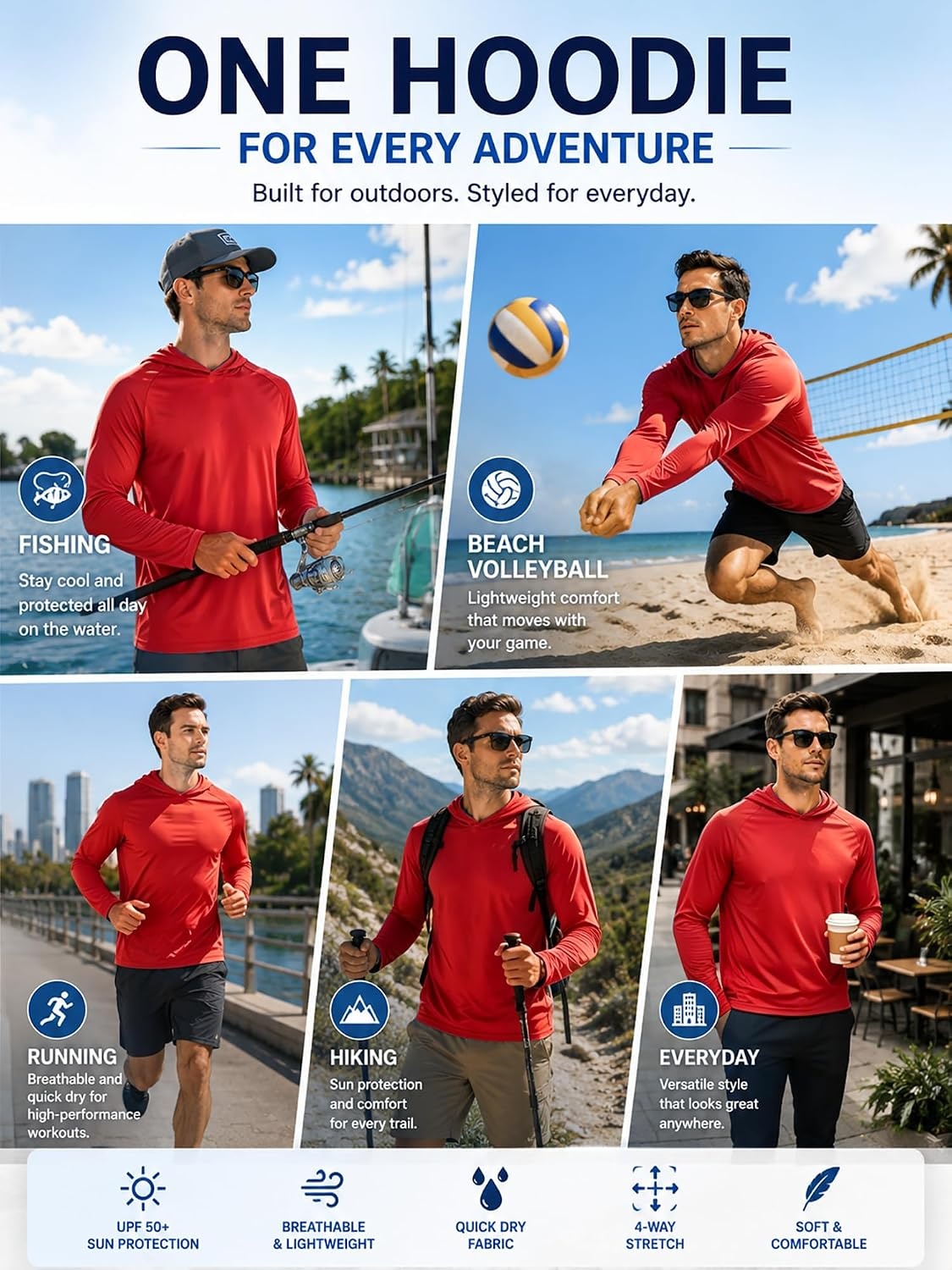 image:imageZITY Mens Sun Protection Hoodie Shirt Fishing Shirts for Men UPF 50 Long Sleeve Shirt Lightweight Rash Guard3 Packlight Grey Deep Red Black