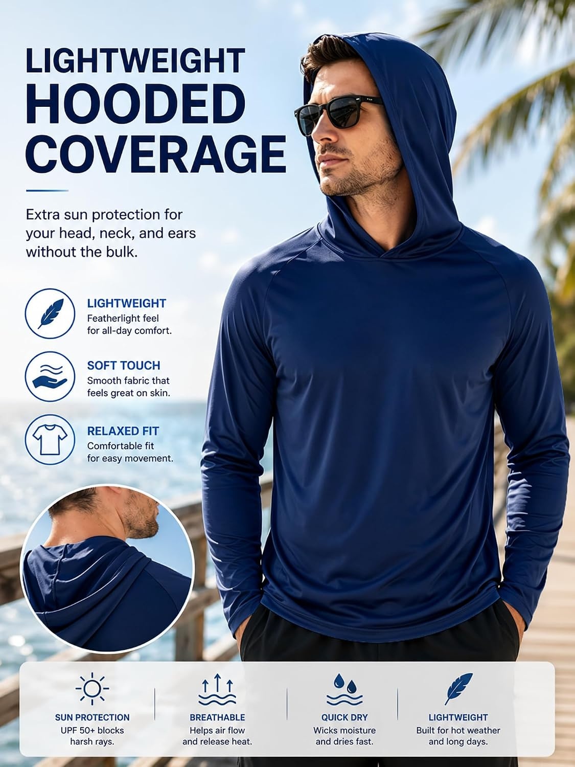 image:imageZITY Mens Sun Protection Hoodie Shirt Fishing Shirts for Men UPF 50 Long Sleeve Shirt Lightweight Rash Guard3 Packwhite Light Blue Dark Blue