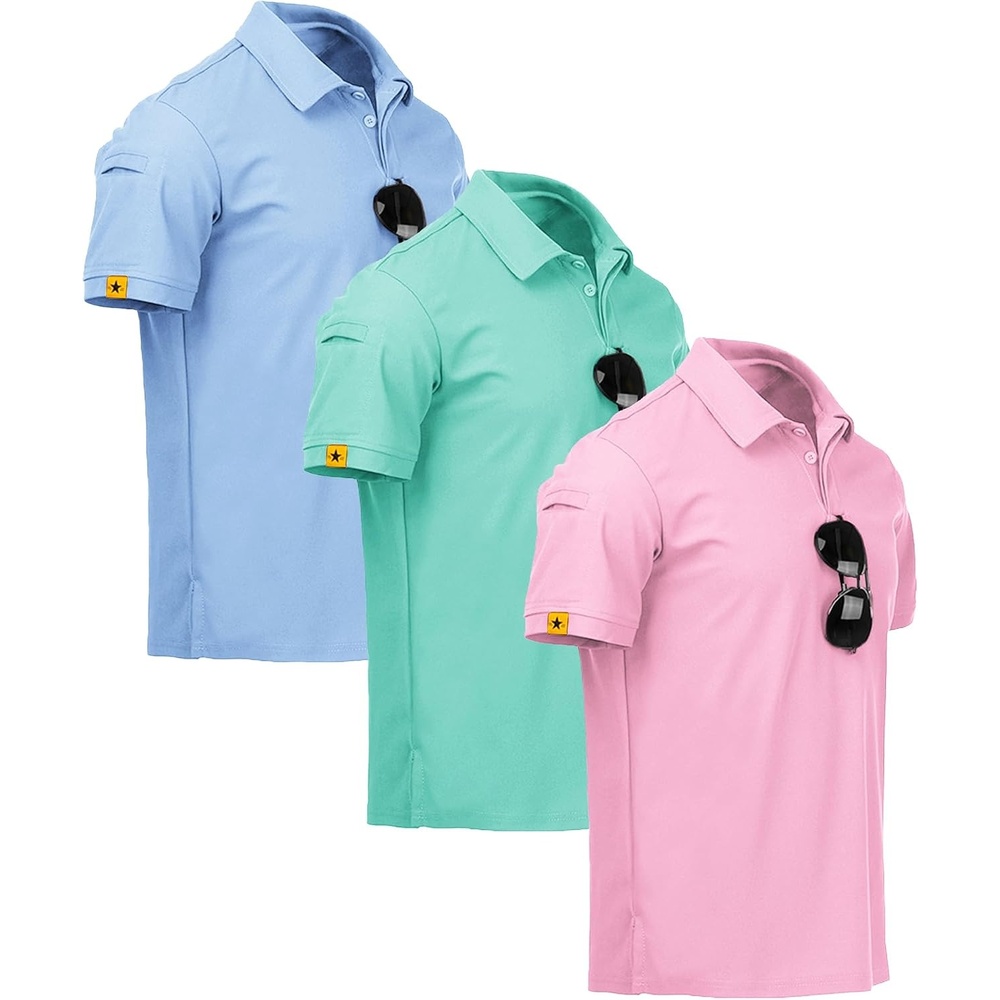 image:imageZITY 3 Pack Mens Golf Polo Shirts Short Sleeve Business Casual TShirts Moisture Wicking QuickDrying Breathable Stretchy Cool Sport Workout Daily Work Performance Collared Tactical ShirtMoonblue Turquoiseblue Pink