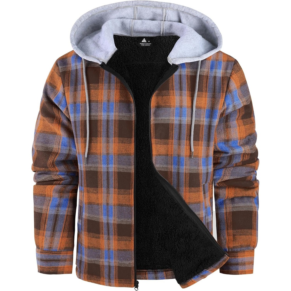 image:imageZITY Mens Flannel Jacket Zip Up Fleece Plaid Shirt Hoodie Winter Warm Coat Thick Sherpa Lined Long Sleeve Outwear Heavyweight Sweatshirt with Pocket Work School VacationsOrange Blue