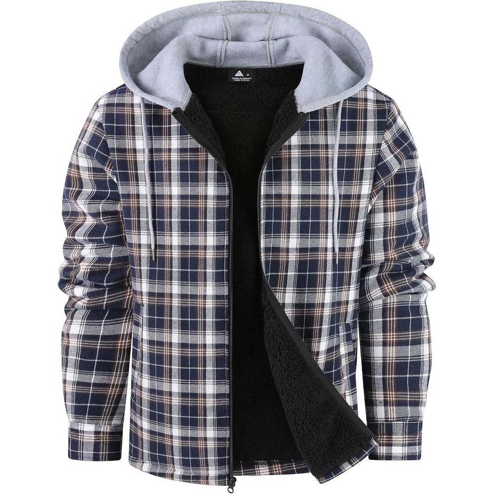 image:imageZITY Mens Flannel Jacket Zip Up Fleece Plaid Shirt Hoodie Winter Warm Coat Thick Sherpa Lined Long Sleeve Outwear Heavyweight Sweatshirt with Pocket Work School VacationsNavy White