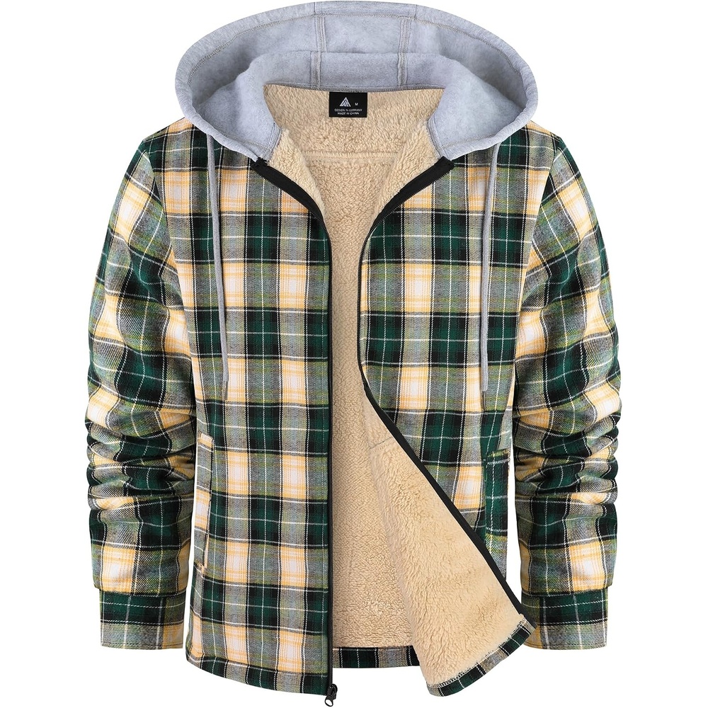 image:imageZITY Mens Flannel Jacket Zip Up Fleece Plaid Shirt Hoodie Winter Warm Coat Thick Sherpa Lined Long Sleeve Outwear Heavyweight Sweatshirt with Pocket Work School VacationsGreen Beige