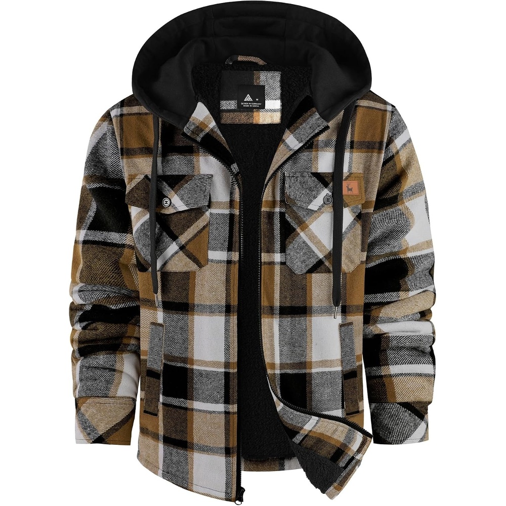 image:imageZITY Mens Flannel Jacket Zip Up Fleece Plaid Shirt Hoodie Winter Warm Coat Thick Sherpa Lined Long Sleeve Outwear Heavyweight Sweatshirt with Pocket Work School VacationsKhaki Brown