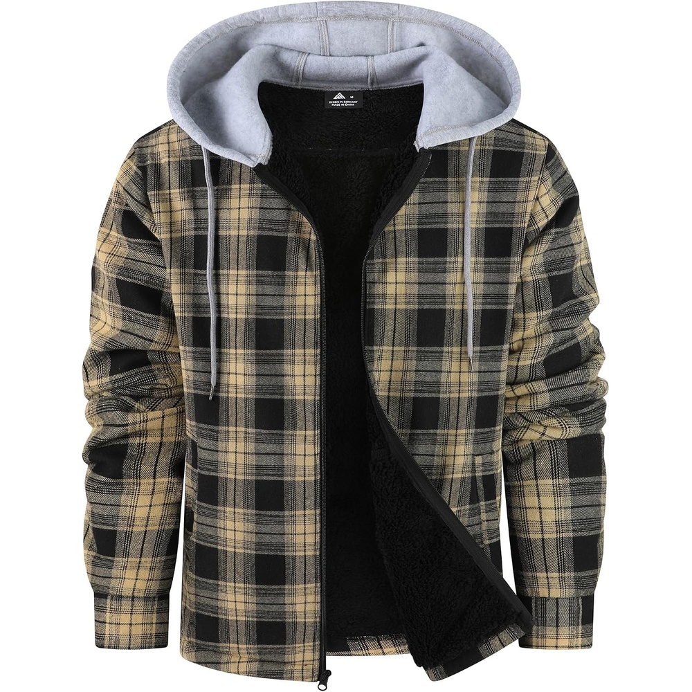 image:imageZITY Mens Flannel Jacket Zip Up Fleece Plaid Shirt Hoodie Winter Warm Coat  Thick Sherpa Lined Long Sleeve Outwear Heavyweight Sweatshirt with Pocket Work School VacationsBlack Beige