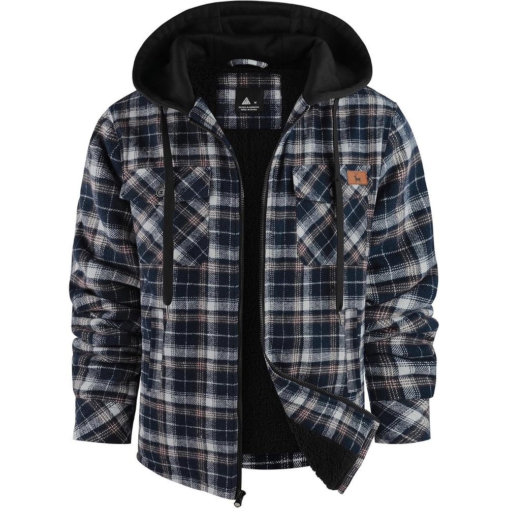 image:imageZITY Mens Flannel Jacket Zip Up Fleece Plaid Shirt Hoodie Winter Warm Coat Thick Sherpa Lined Long Sleeve Outwear Heavyweight Sweatshirt with Pocket Work School VacationsNavy Black