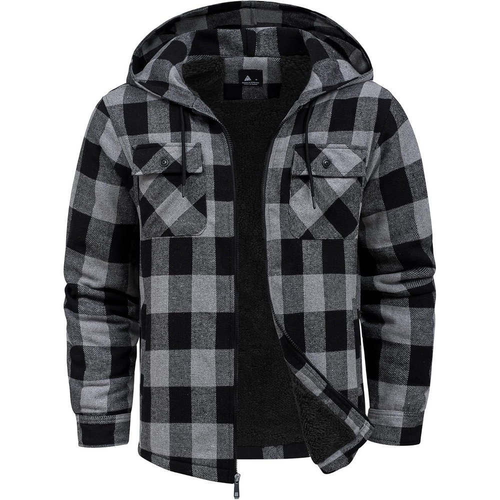 image:imageZITY Mens Flannel Jacket Zip Up Fleece Plaid Shirt Hoodie Winter Warm Coat Thick Sherpa Lined Long Sleeve Outwear Heavyweight Sweatshirt with Pocket Work School VacationsGrey