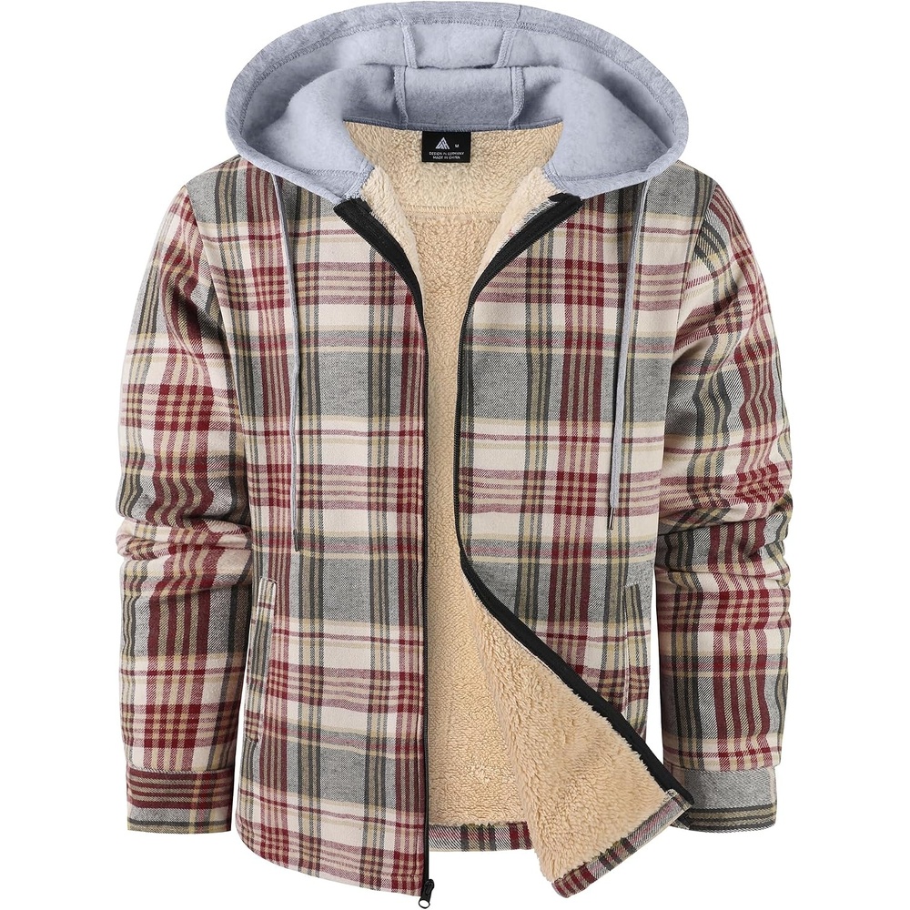 image:imageZITY Mens Flannel Jacket Zip Up Fleece Plaid Shirt Hoodie Winter Warm Coat Thick Sherpa Lined Long Sleeve Outwear Heavyweight Sweatshirt with Pocket Work School VacationsWine Red Beige