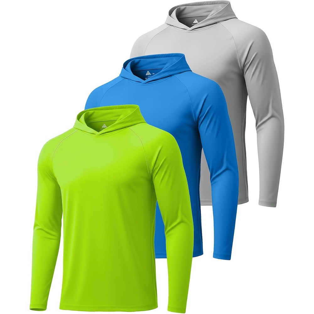 image:imageZITY Mens Sun Protection Hoodie Shirt Fishing Shirts for Men UPF 50 Long Sleeve Shirt Lightweight Rash Guard3 Packfluorescent Green Sky Blue Light Grey