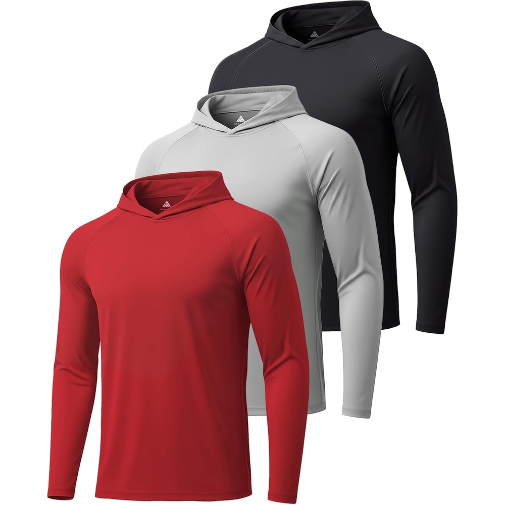 image:imageZITY Mens Sun Protection Hoodie Shirt Fishing Shirts for Men UPF 50 Long Sleeve Shirt Lightweight Rash Guard3 Packlight Grey Deep Red Black