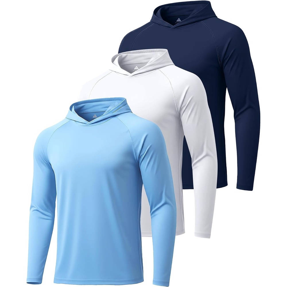image:imageZITY Mens Sun Protection Hoodie Shirt Fishing Shirts for Men UPF 50 Long Sleeve Shirt Lightweight Rash Guard3 Packwhite Light Blue Dark Blue