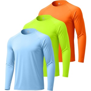 Mens Long Sleeve Tee Shirts Sun Protection Fast Dry | CrewNeck,SunProtection,UPF,UV,Workout,Running,Hiking,Fishing,Cycling,Cooling,Moisture Wicking,Quick Dry,Athletic(3pack-lightblue/Safetygreen/Neonorange)