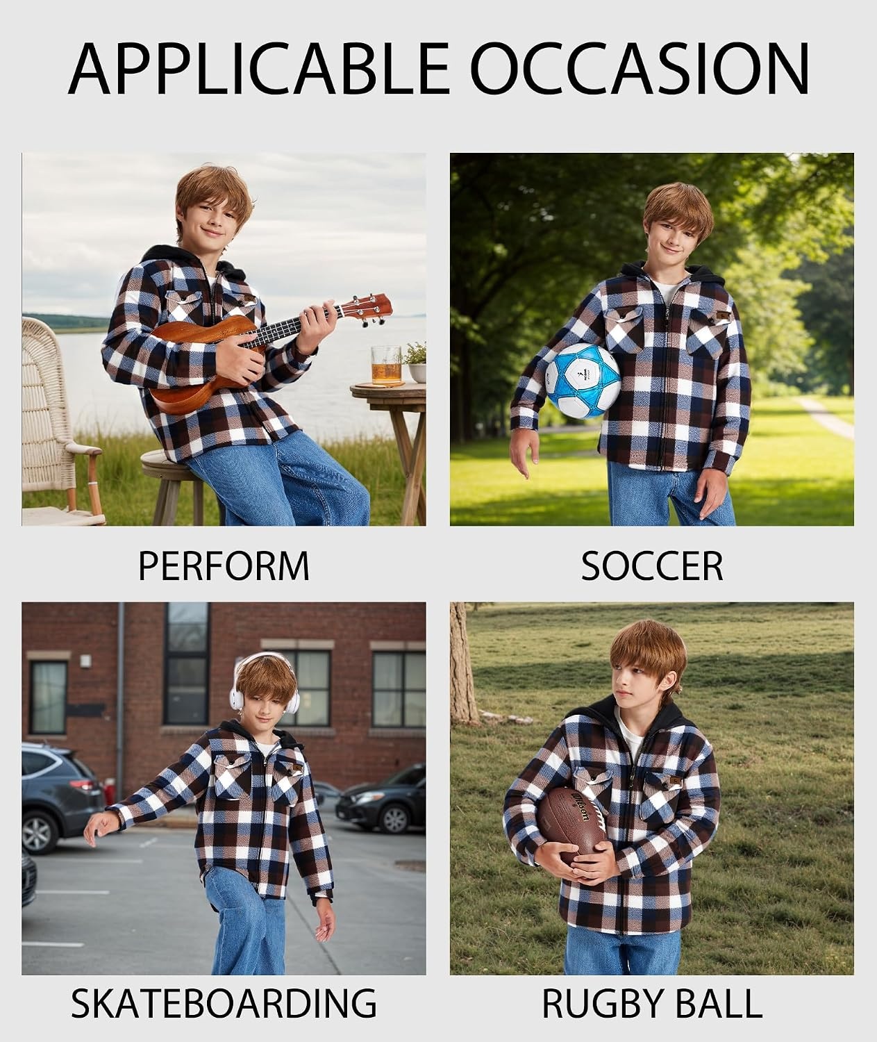 image:imageZITY Boys Flannel Jacket Fleece Sherpa Lined Plaid Hoodies Unisex Kids CoatCoffee Brown