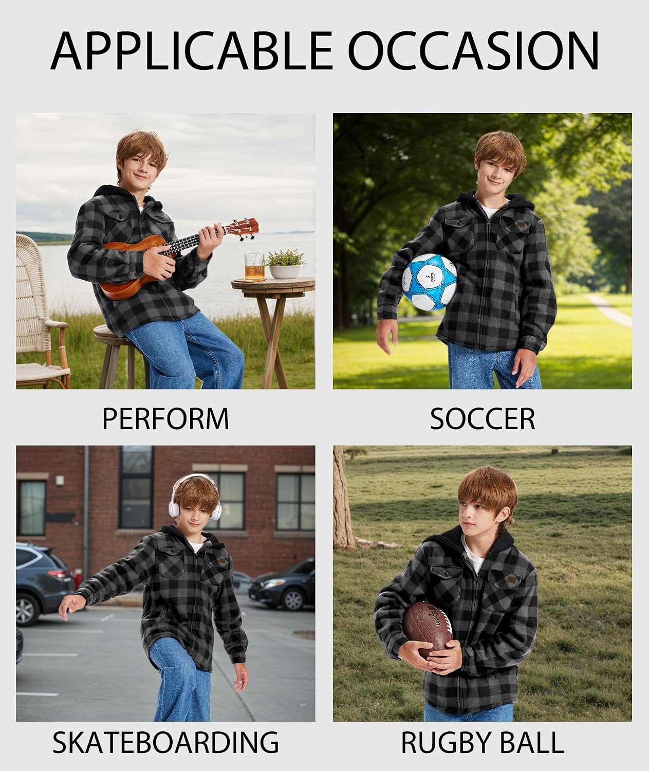 image:imageZITY Boys Flannel Jacket Fleece Sherpa Lined Plaid Hoodies Unisex Kids CoatDark Grey