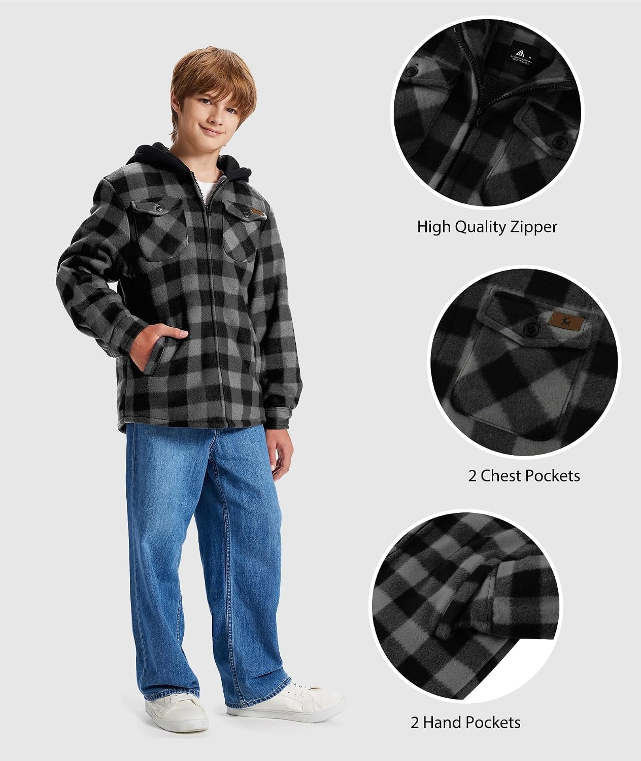 image:imageZITY Boys Flannel Jacket Fleece Sherpa Lined Plaid Hoodies Unisex Kids CoatDark Grey