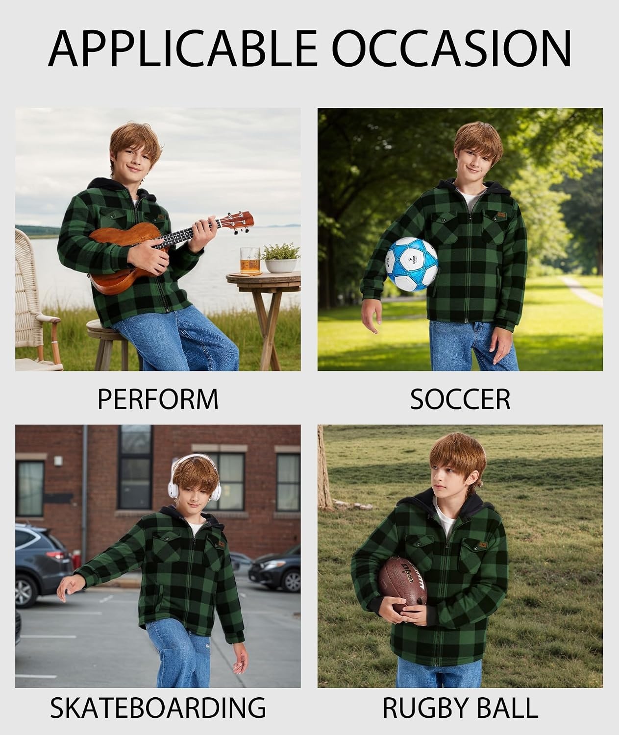 image:imageZITY Boys Flannel Jacket Fleece Sherpa Lined Plaid Hoodies Unisex Kids CoatGreen Black