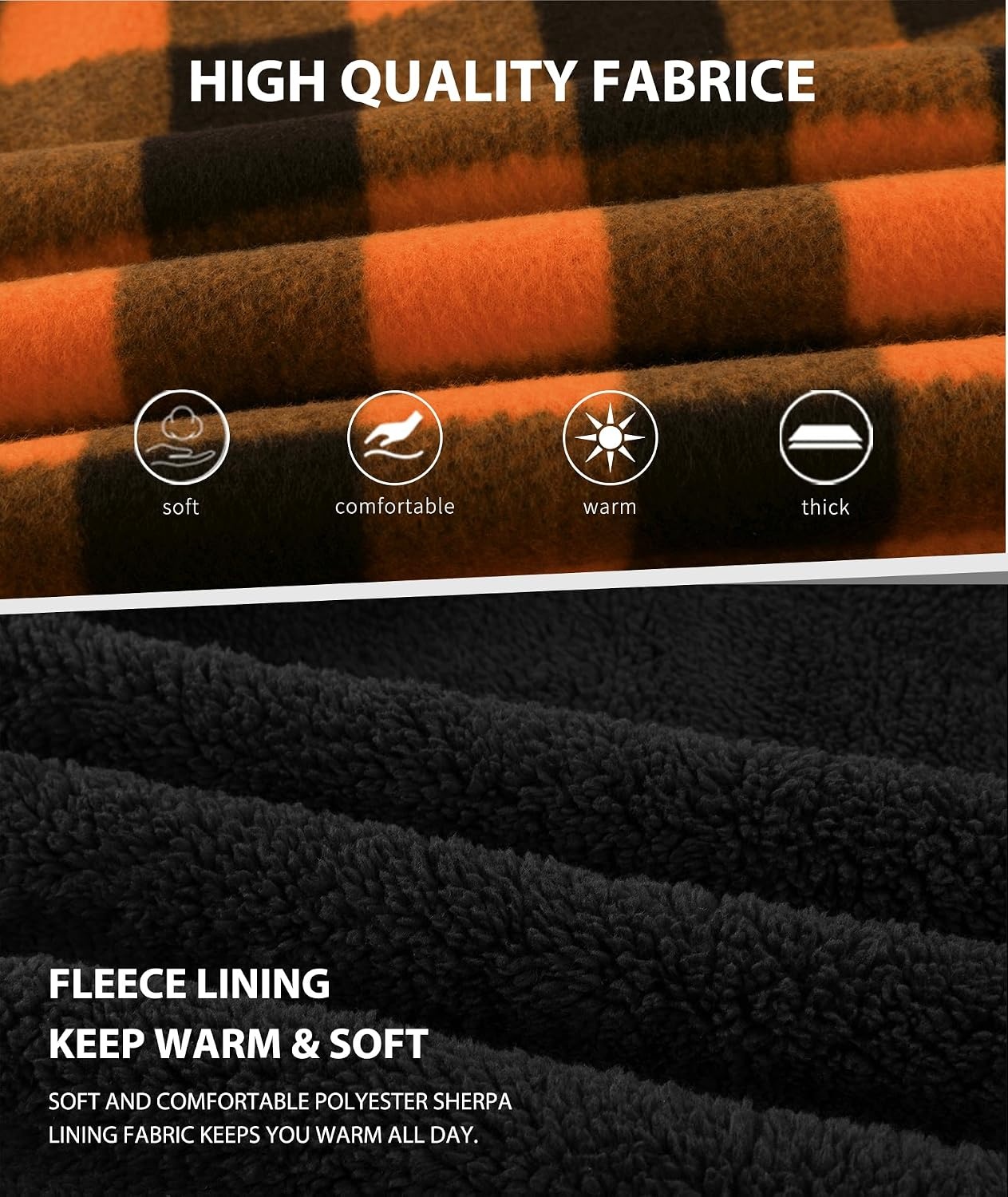 image:imageZITY Boys Flannel Jacket Fleece Sherpa Lined Plaid Hoodies Unisex Kids CoatOrange Black