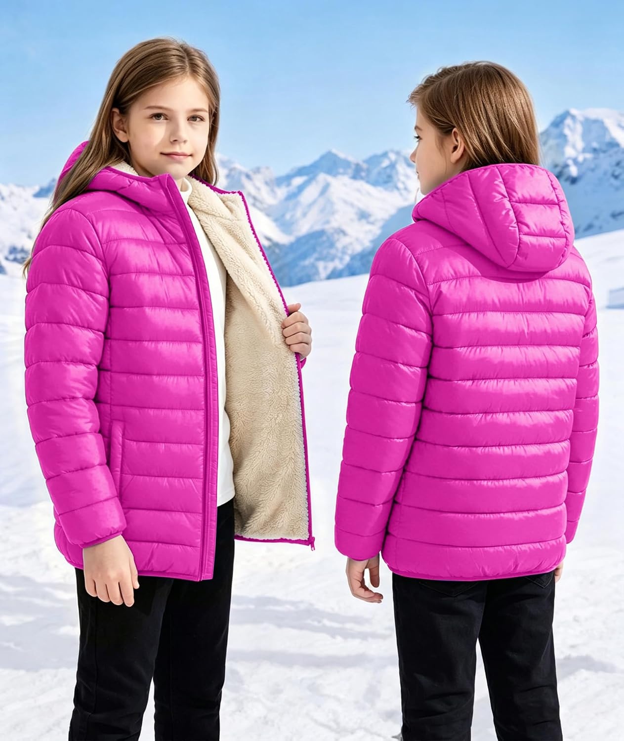 image:imageZITY Boys Winter Coat Sherpa Fleece Lined Puffer Jacket Wind Water Resistant Hoodie Warm Outerwear for KidsRose Red