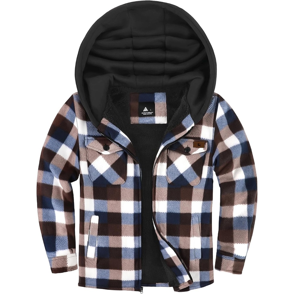 image:imageZITY Boys Flannel Jacket Fleece Sherpa Lined Plaid Hoodies Unisex Kids CoatCoffee Brown