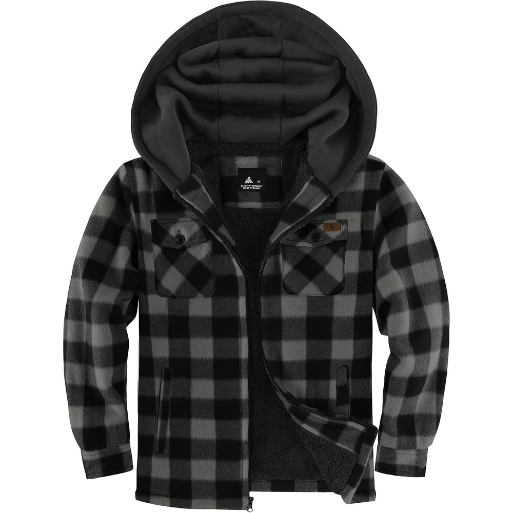 image:imageZITY Boys Flannel Jacket Fleece Sherpa Lined Plaid Hoodies Unisex Kids CoatDark Grey