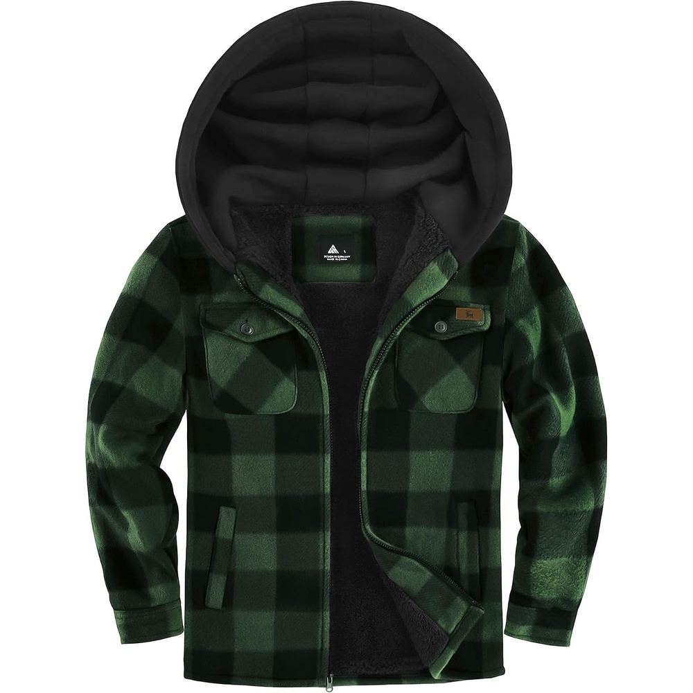 image:imageZITY Boys Flannel Jacket Fleece Sherpa Lined Plaid Hoodies Unisex Kids CoatGreen Black