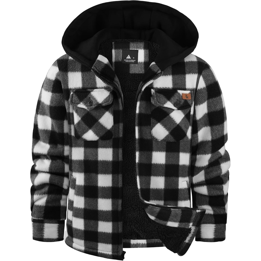 image:imageZITY Boys Flannel Jacket Sherpa Lined Zip Up HoodieBlack White
