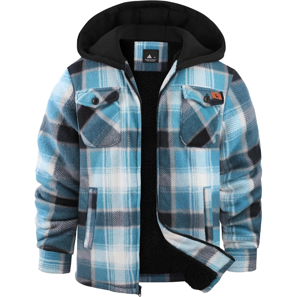 image:imageZITY Boys Flannel Jacket Sherpa Lined Zip Up HoodieBlue White