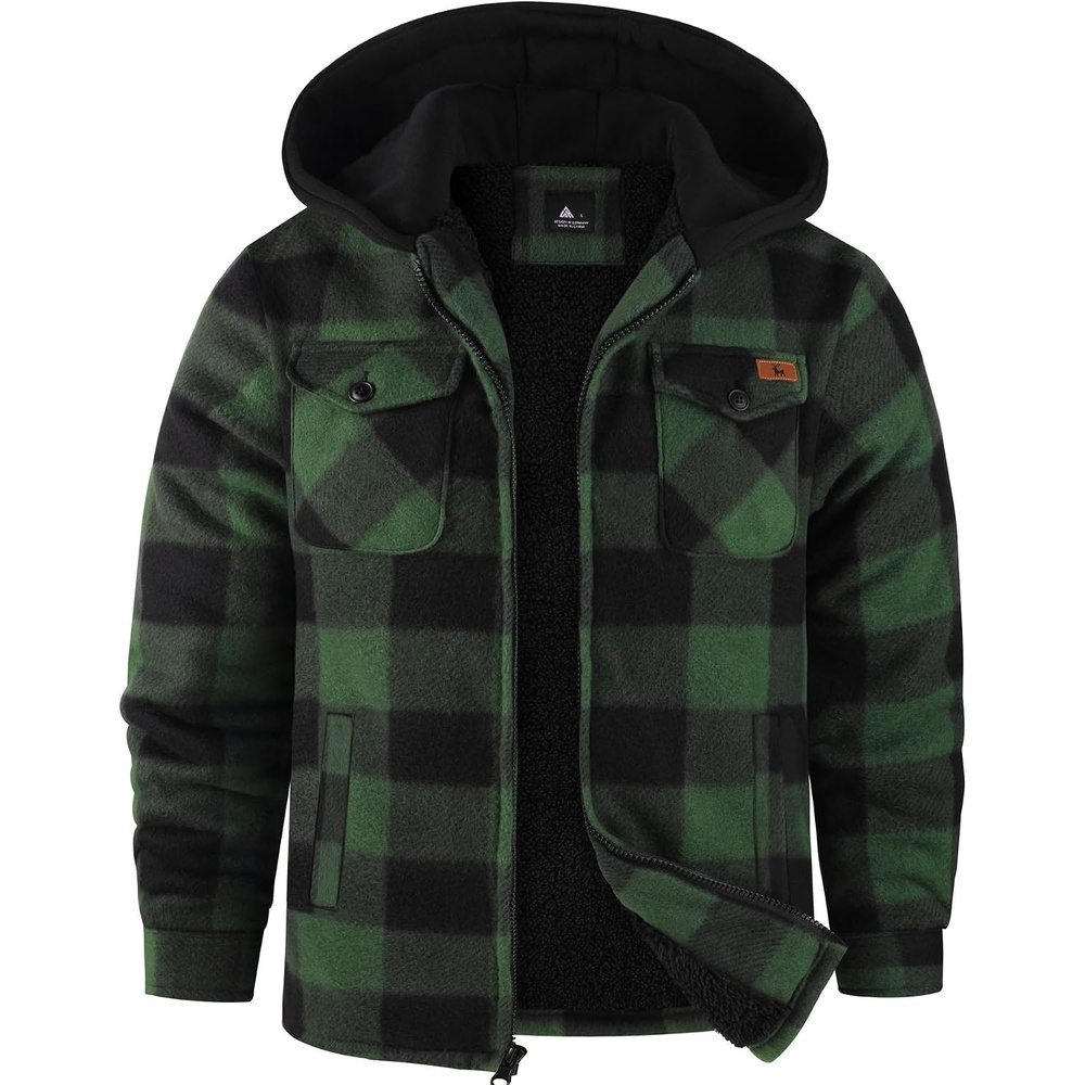 image:imageZITY Boys Flannel Jacket Sherpa Lined Zip Up HoodieDark Green