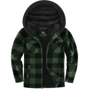 ZITY Boys Flannel Jacket Fleece Sherpa Lined Plaid Hoodies Unisex Kids Coat(Green Black)