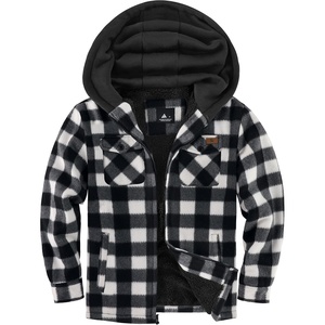 ZITY Boys Flannel Jacket Fleece Sherpa Lined Plaid Hoodies Unisex Kids Coat(White Black)