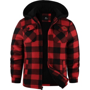 ZITY Boys Flannel Jacket Sherpa Lined Zip Up Hoodie(Black Red)