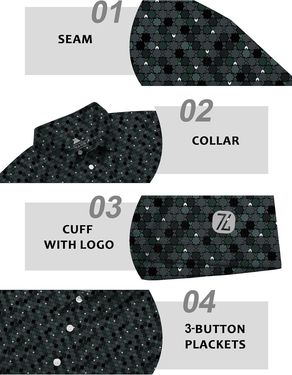 image:imageZITY 3 Pack Mens Golf Shirts Short Sleeve UPF 50 Print Performance Polo Moisture Wicking Casual Collared Golf Shirts for Men3 Dark Green Octagonal