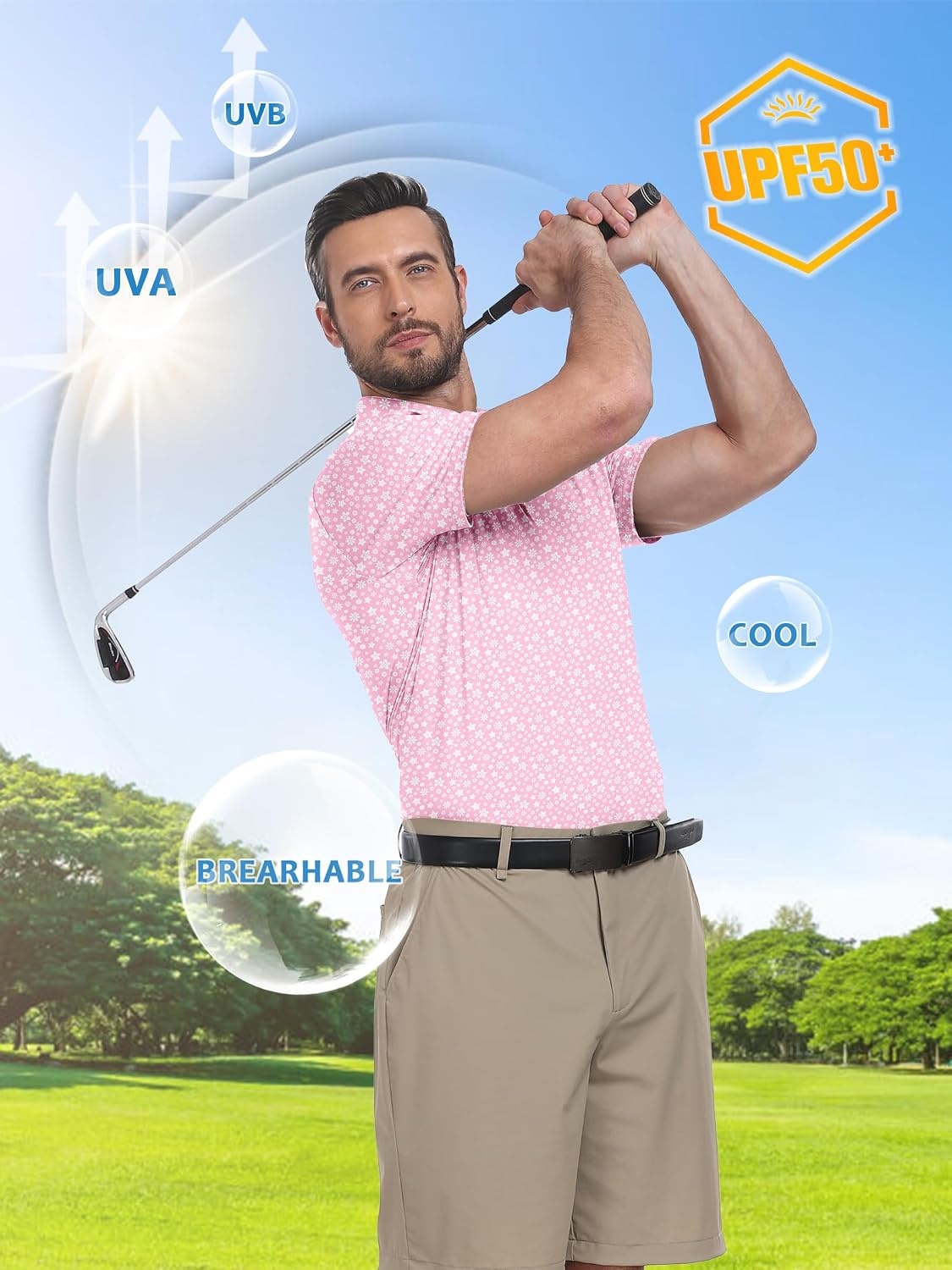 image:imageZITY 3 Pack Mens Golf Shirts Short Sleeve UPF 50 Print Performance Polo Moisture Wicking Casual Collared Golf Shirts for Men3 Pink Flower
