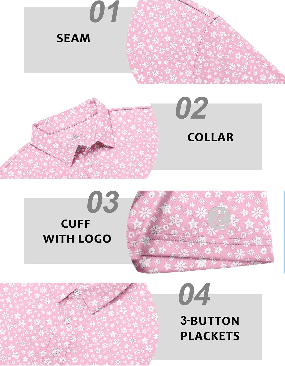 image:imageZITY 3 Pack Mens Golf Shirts Short Sleeve UPF 50 Print Performance Polo Moisture Wicking Casual Collared Golf Shirts for Men3 Pink Flower