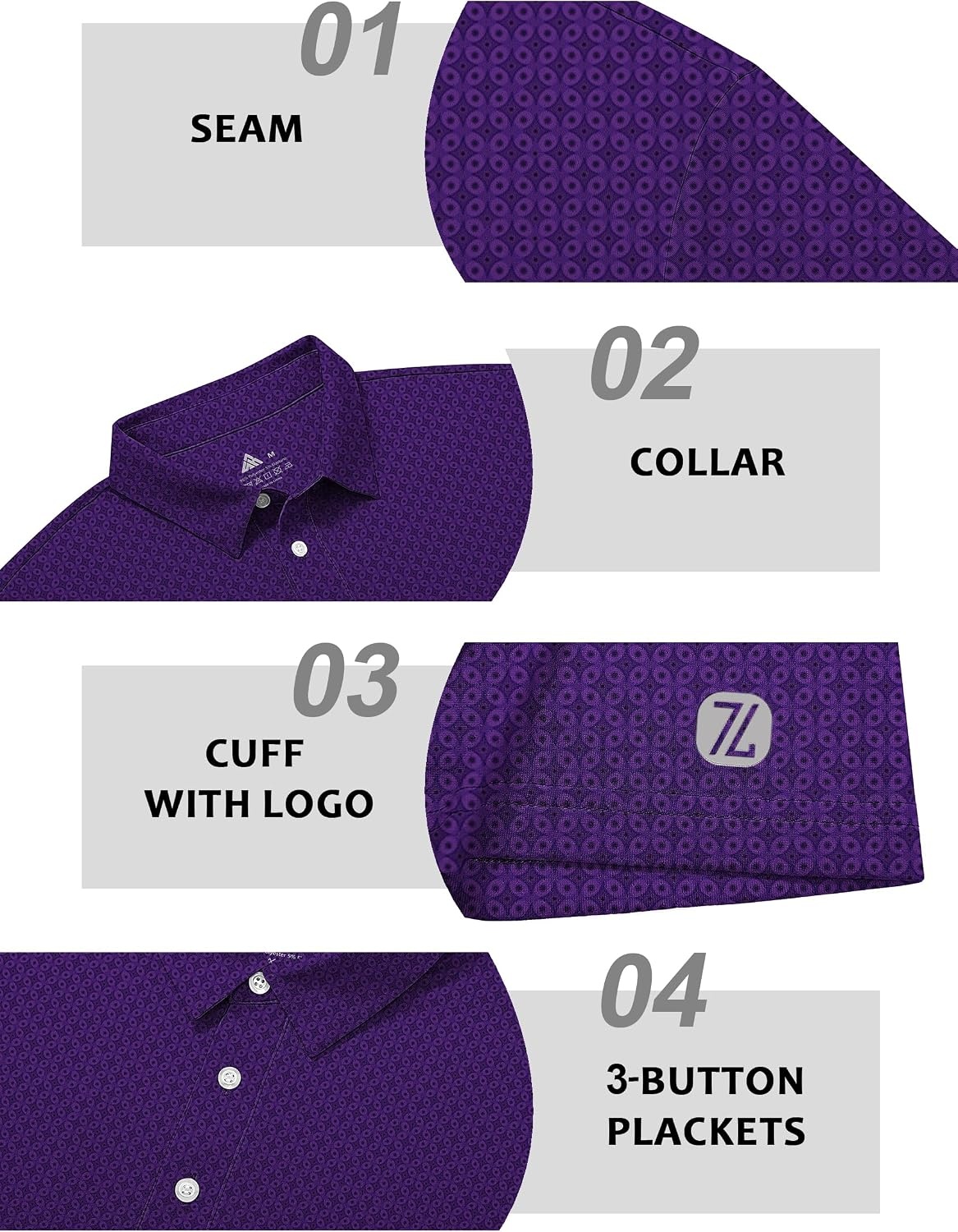 image:imageZITY 3 Pack Mens Golf Shirts Short Sleeve UPF 50 Print Performance Polo Moisture Wicking Casual Collared Golf Shirts for Men3 Purple Oval