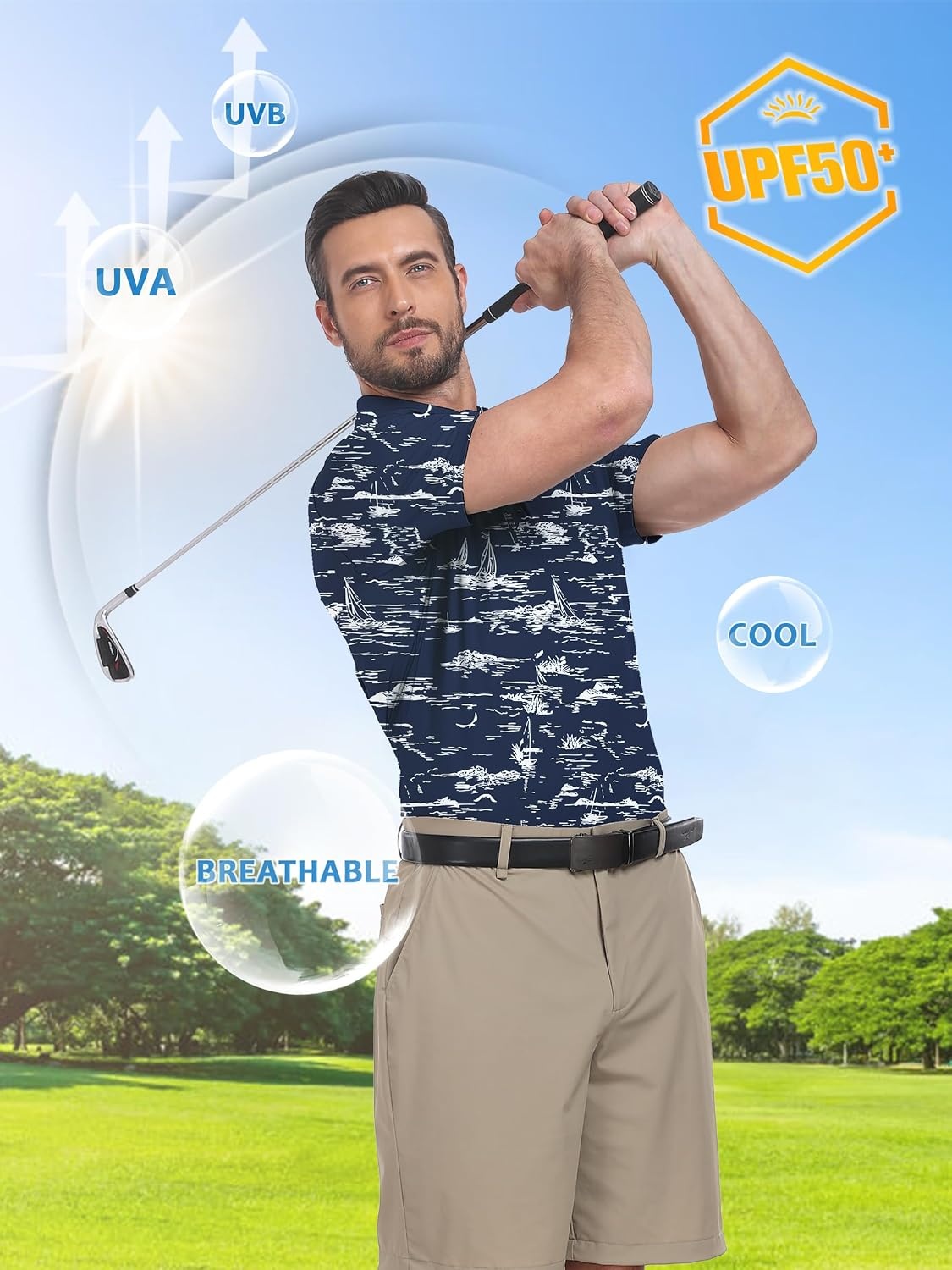image:imageZITY 3 Pack Mens Golf Shirts Short Sleeve UPF 50 Print Performance Polo Moisture Wicking Casual Collared Golf Shirts for Men3 Tibetan Sailboat
