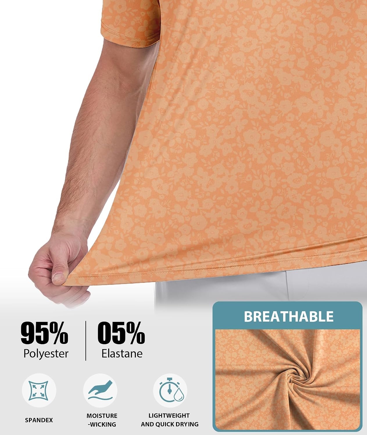 image:imageZITY 5 Pack Mens Golf Shirts Short Sleeve Print Patterns Performance Moisture Wicking Polo Shirt5 Light Orange Flower