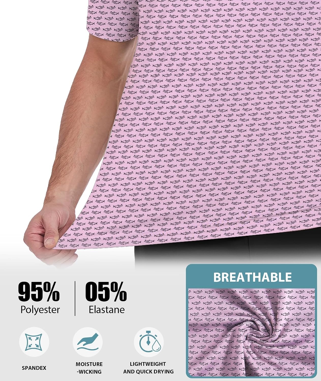 image:imageZITY 5 Pack Mens Golf Shirts Short Sleeve Print Patterns Performance Moisture Wicking Polo Shirt5 Pink Fish Bones