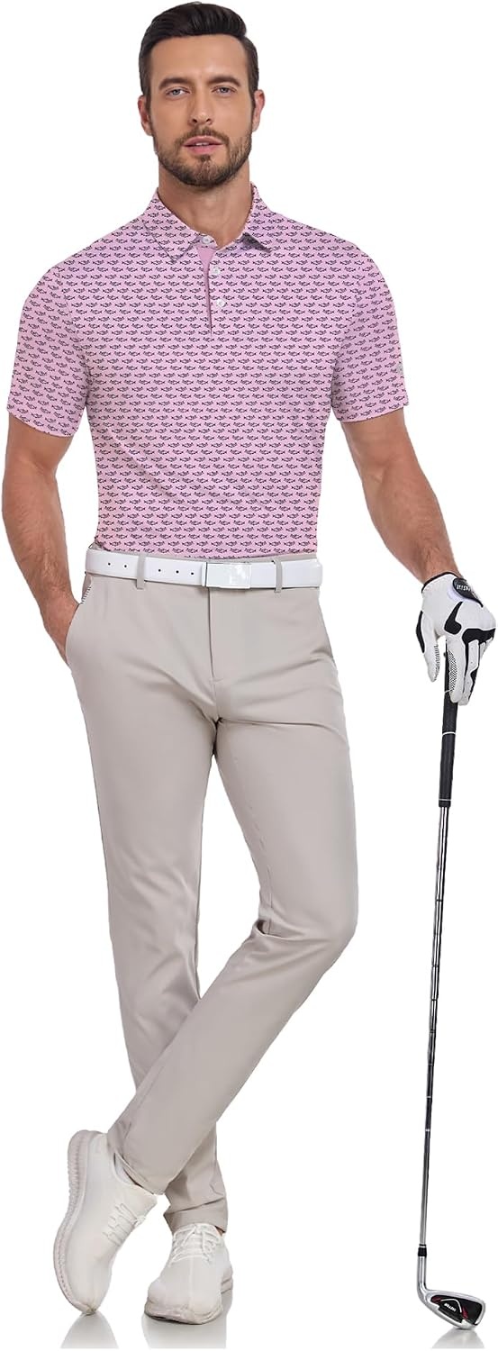 image:imageZITY 5 Pack Mens Golf Shirts Short Sleeve Print Patterns Performance Moisture Wicking Polo Shirt5 Pink Fish Bones