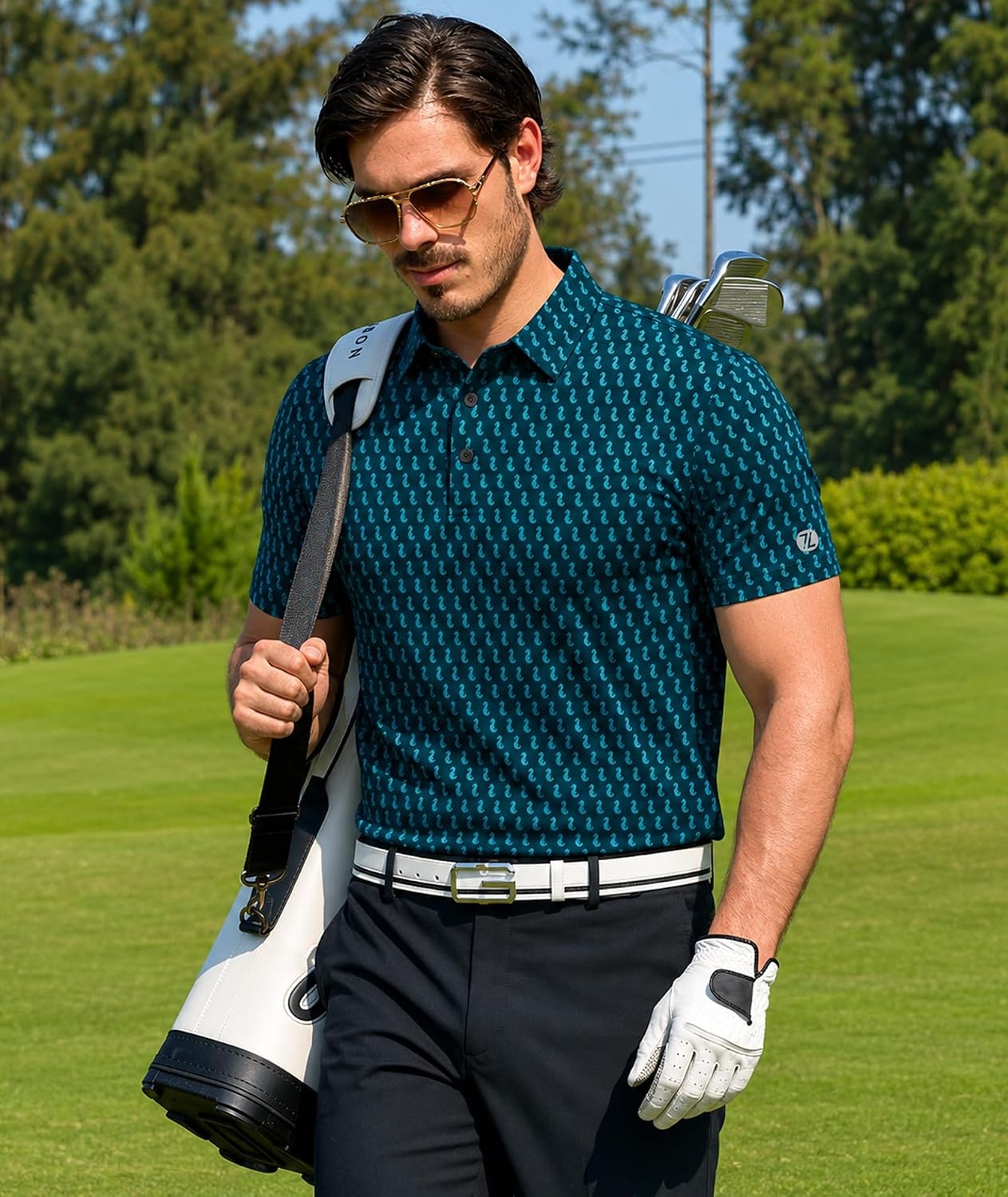 image:imageZITY 5 Pack Mens Golf Shirts Short Sleeve Print Patterns Performance Moisture Wicking Polo ShirtBlue Green Purple White Navy Light Orange