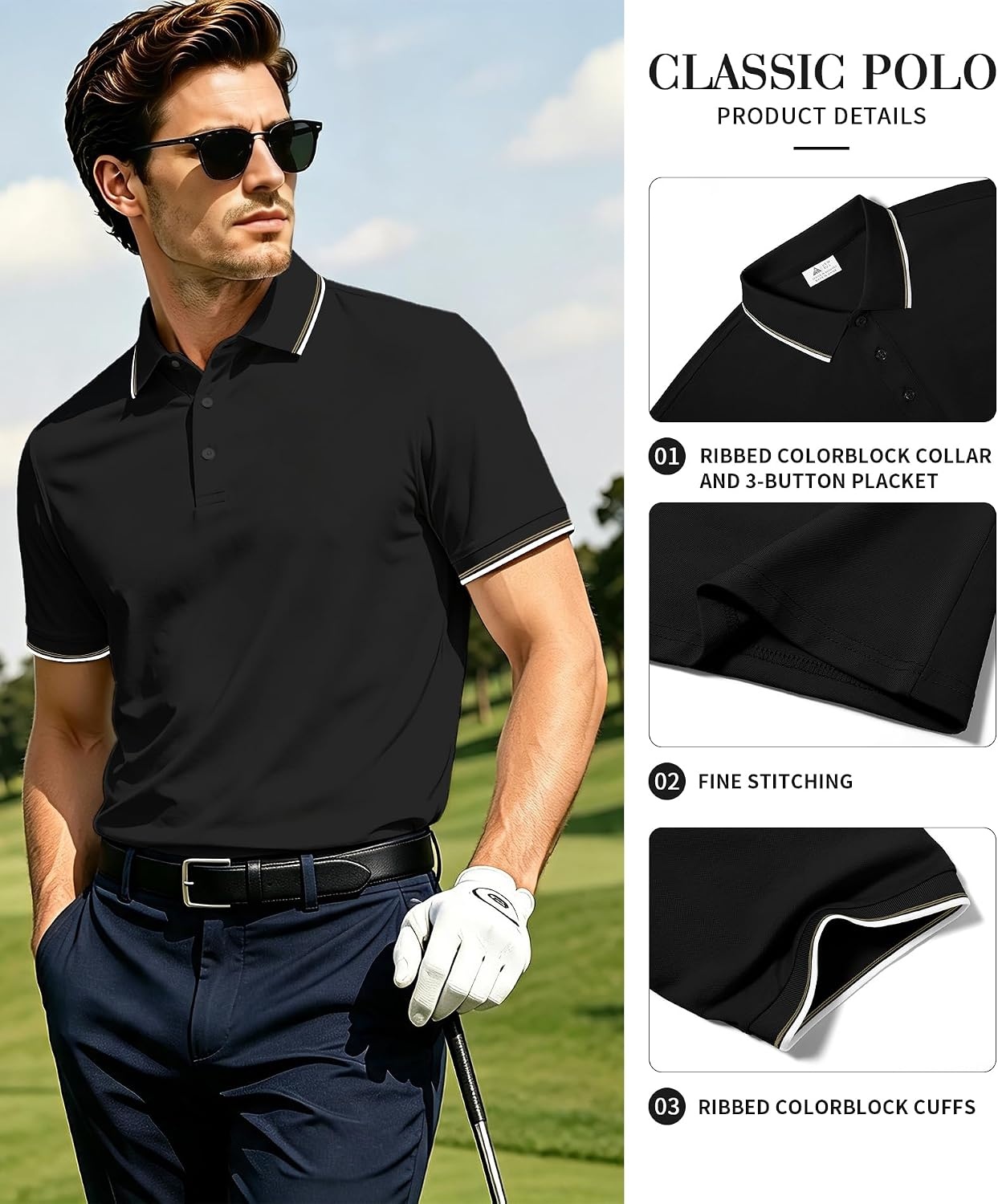 image:imageZITY 5 Pack Mens Polo Shirts Short Sleeve Casual Classic Polo T Shirts Contrast Collar Summer Athletic Golf ShirtsGrey Black White Black Navy