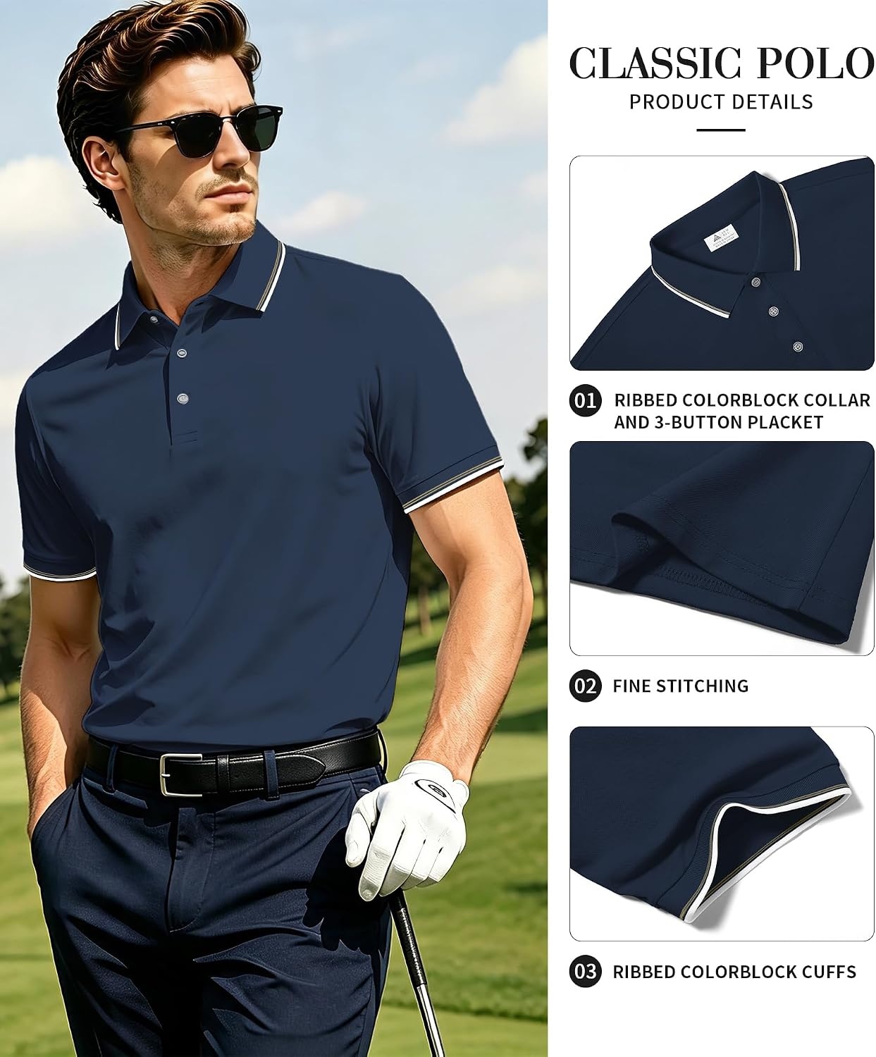 image:imageZITY 5 Pack Mens Polo Shirts Short Sleeve Casual Classic Polo T Shirts Contrast Collar Summer Athletic Golf ShirtsGrey Navy White Navy Black