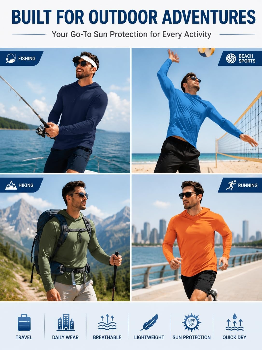 image:imageZITY 7 Pack Sun Shirts for Men UPF 50 UV Protection Athletic Hoodies12 Packblack3 White3 Light Gery3 Light Blue3