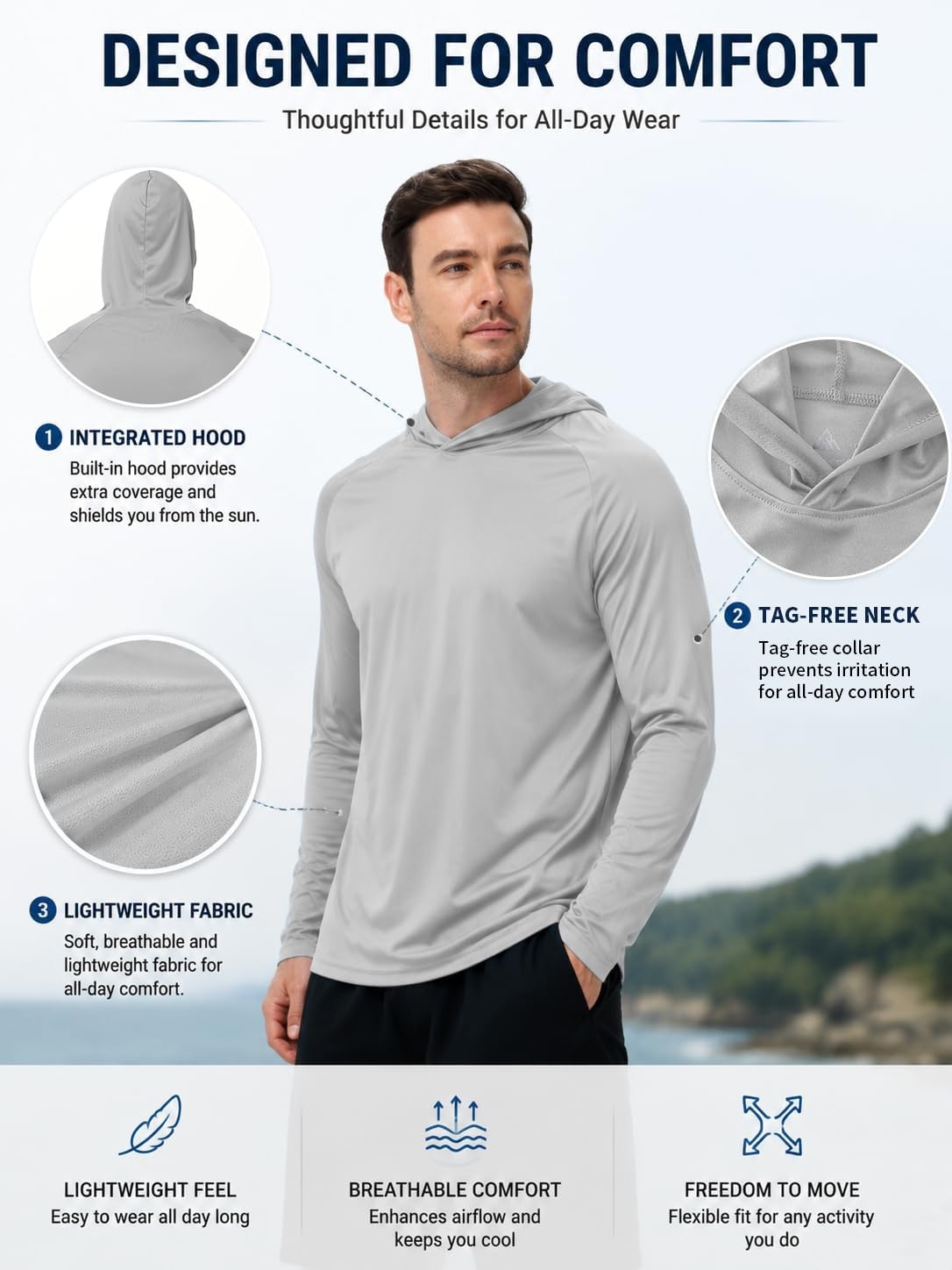 image:imageZITY 7 Pack Sun Shirts for Men UPF 50 UV Protection Athletic Hoodies12 Packblack3 White3 Light Gery3 Light Blue3