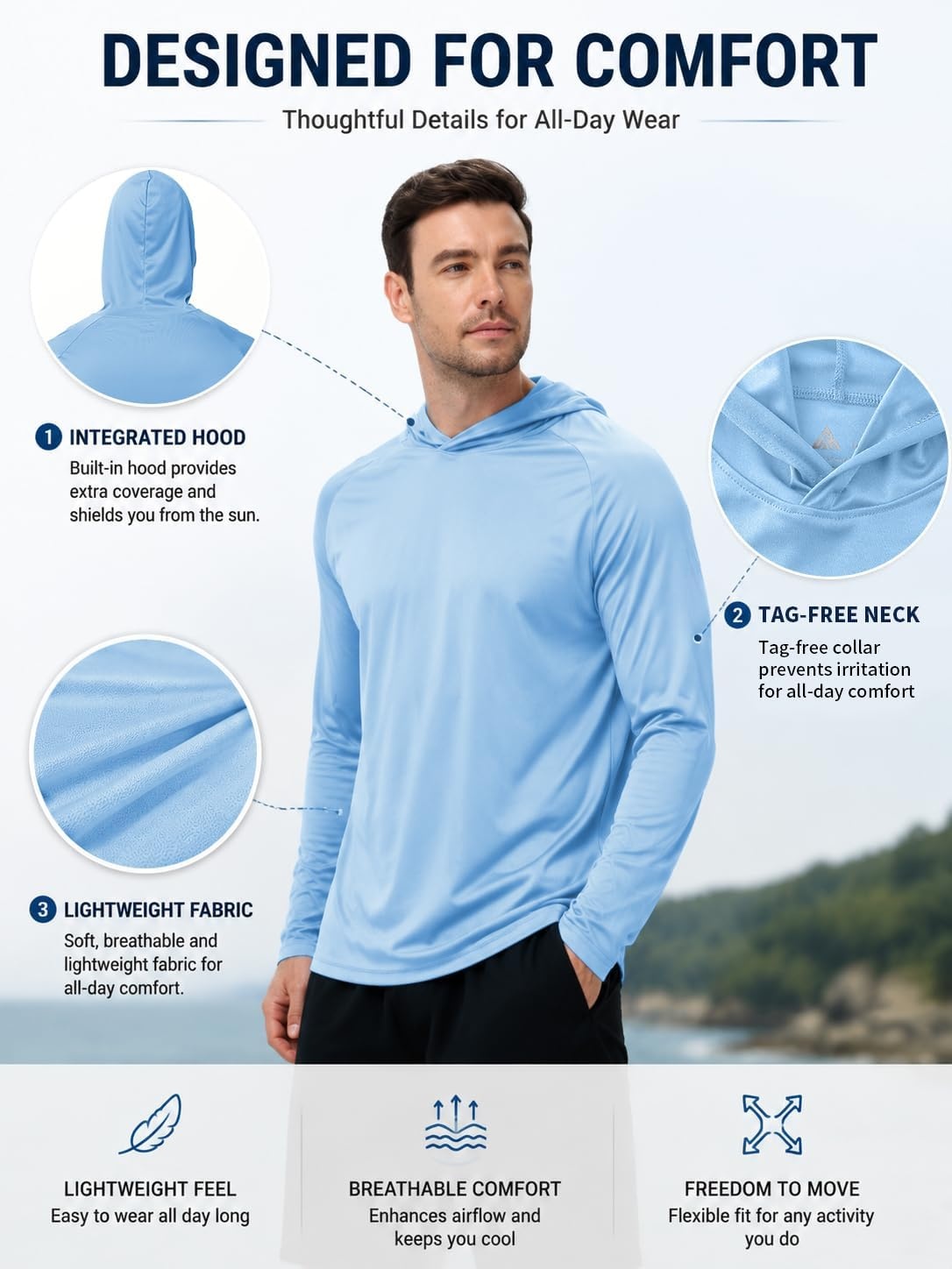 image:imageZITY 7 Pack Sun Shirts for Men UPF 50 UV Protection Athletic Hoodies12 Packwhite6 Light Blue6