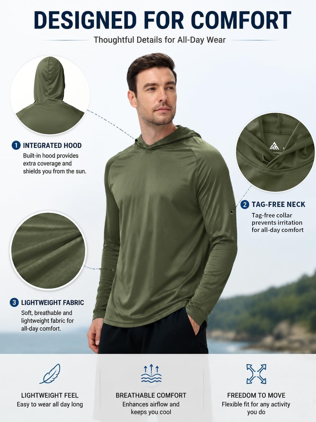 image:imageZITY 7 Pack Sun Shirts for Men UPF 50 UV Protection Athletic Hoodies7 Packarmy Green7