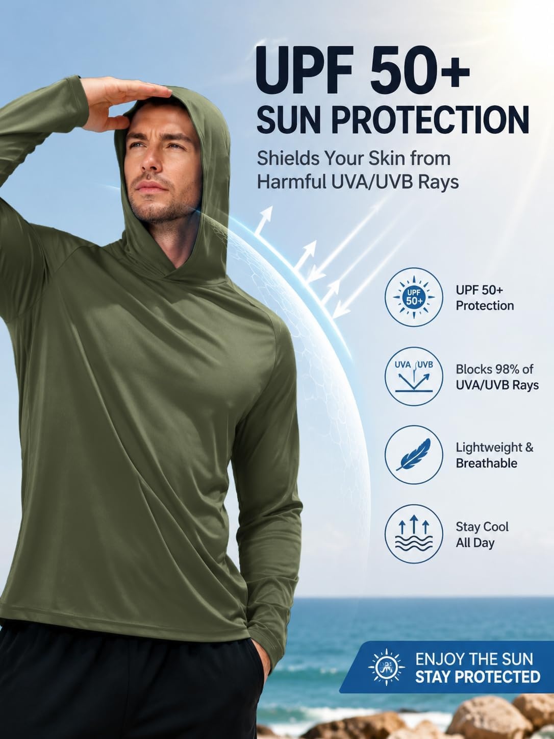 image:imageZITY 7 Pack Sun Shirts for Men UPF 50 UV Protection Athletic Hoodies7 Packarmy Green7