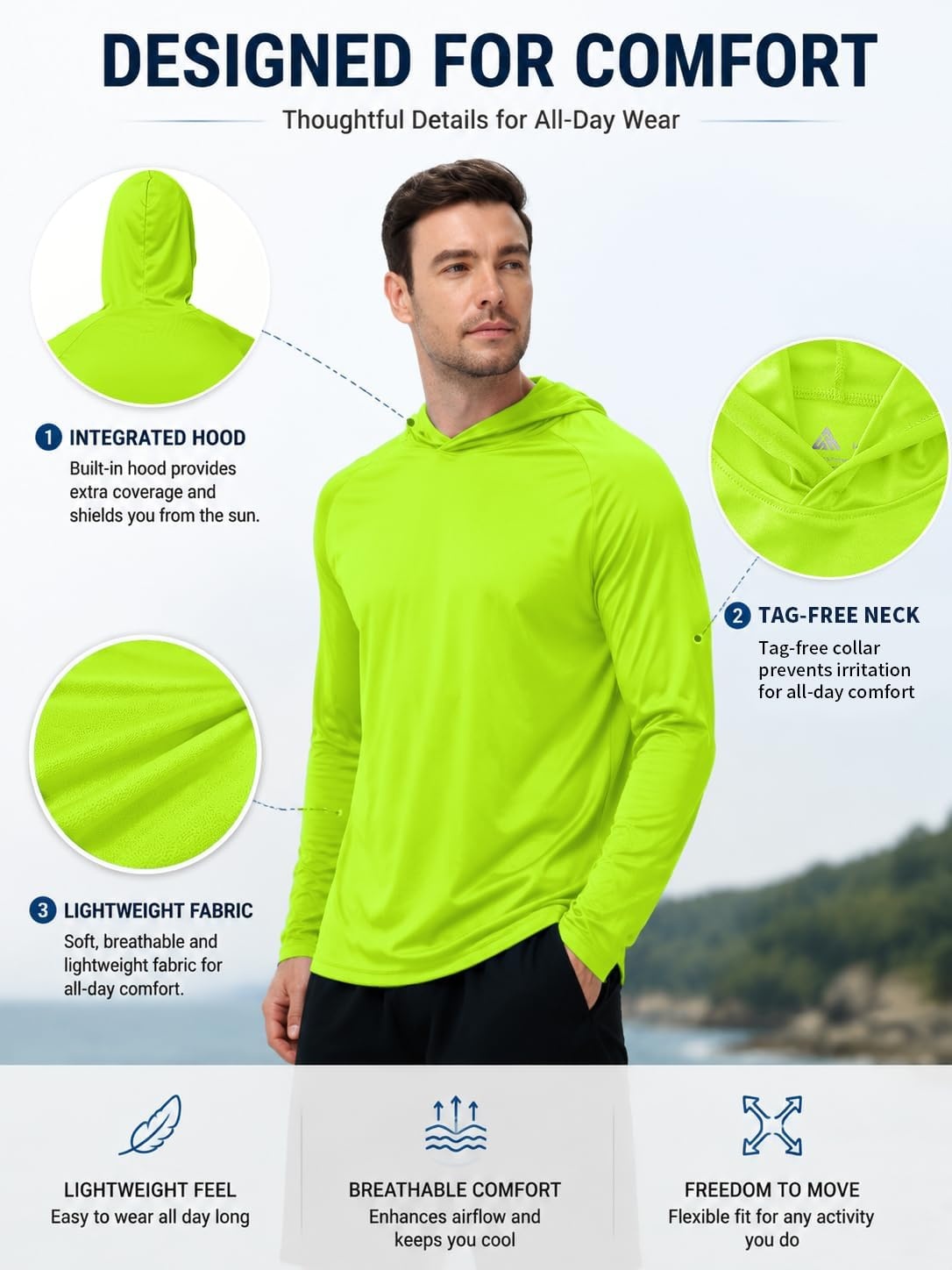 image:imageZITY 7 Pack Sun Shirts for Men UPF 50 UV Protection Athletic Hoodies7 Packneon Green7