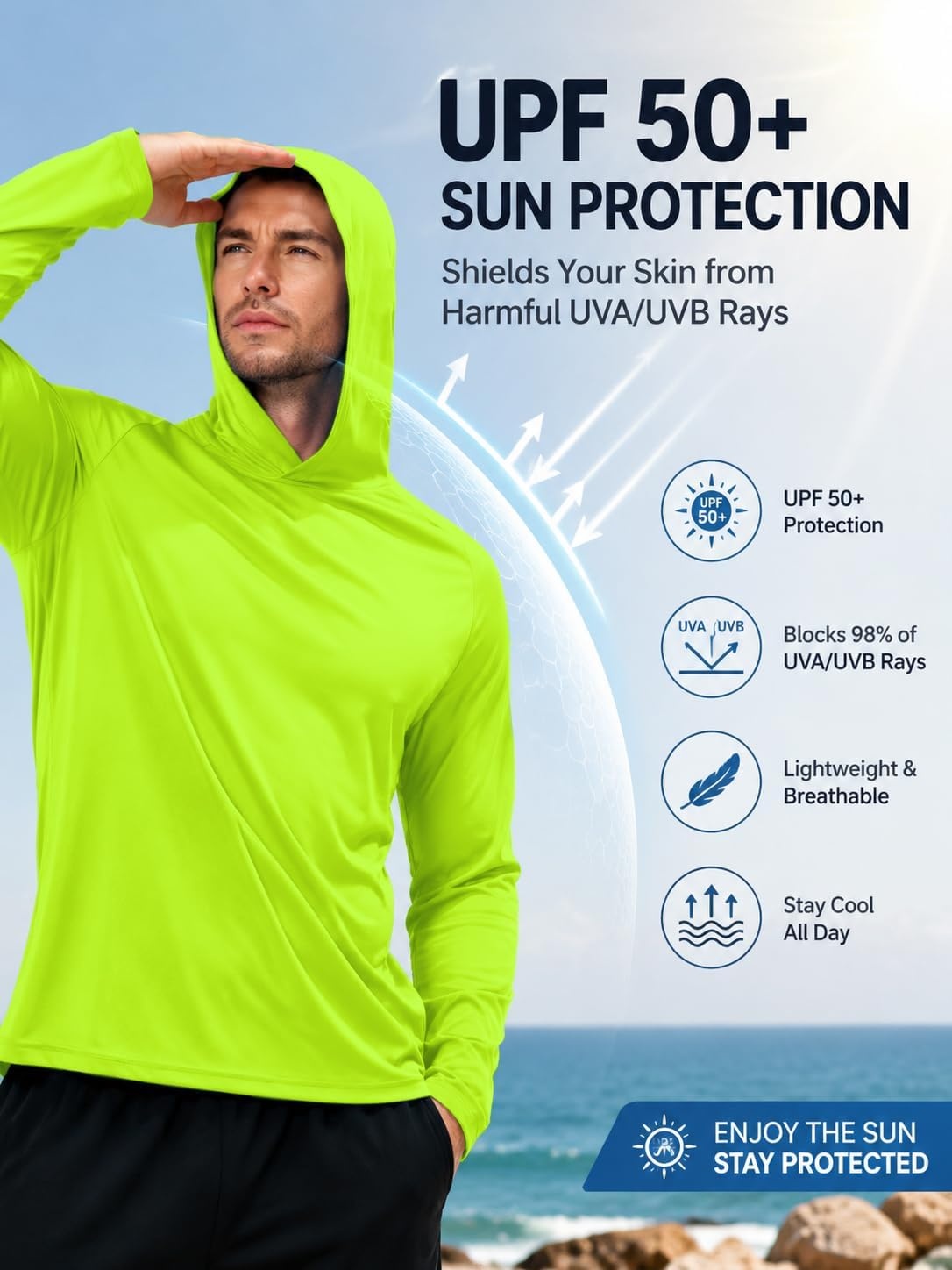 image:imageZITY 7 Pack Sun Shirts for Men UPF 50 UV Protection Athletic Hoodies7 Packneon Green7