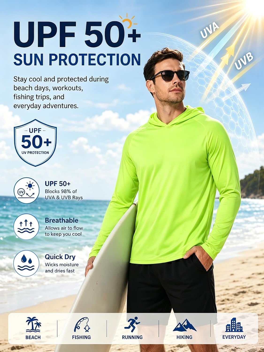 image:imageZITY Fishing Shirts for Men UPF 50 Long Sleeve Shirt Lightweight HoodiesFluorescent Green