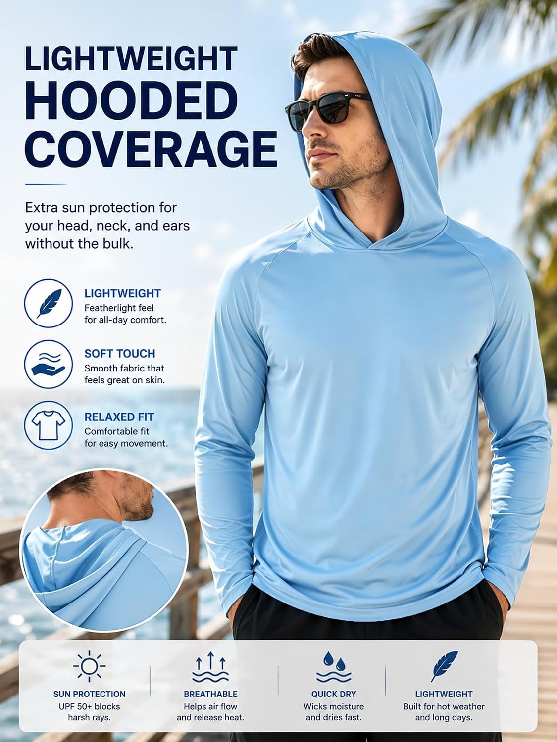 image:imageZITY Fishing Shirts for Men UPF 50 Long Sleeve Shirt Lightweight HoodiesLight Blue